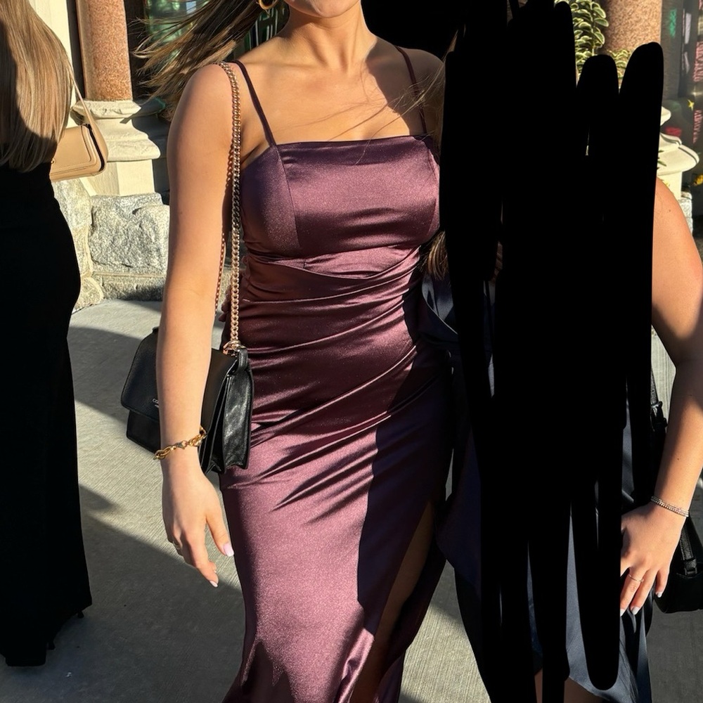 Dusty purple silk formal dress with leg slit